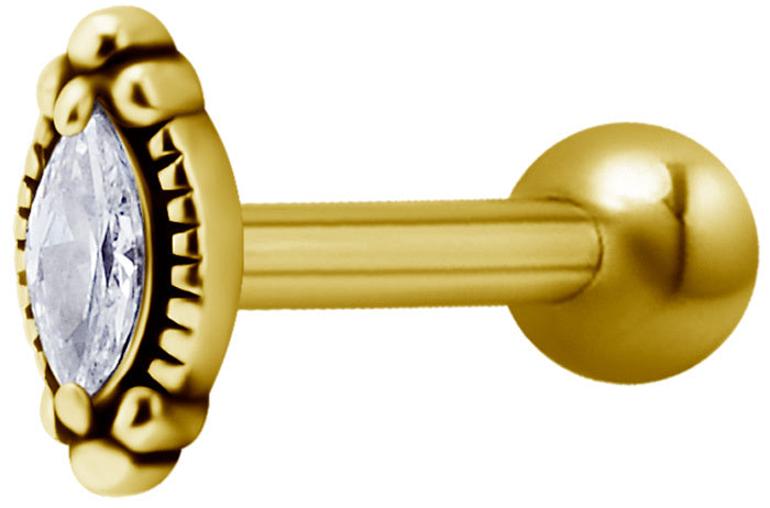 Bright Gold Internally Threaded Antique Jewelled Marquise Micro Barbell