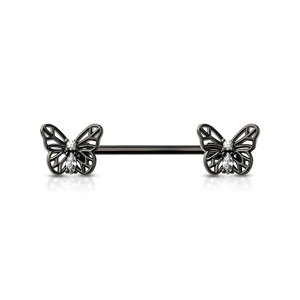 Micro Jewelled Butterfly Gold, Black, Rose Gold or Silver Plated Decorative Fashion Nipple Barbell