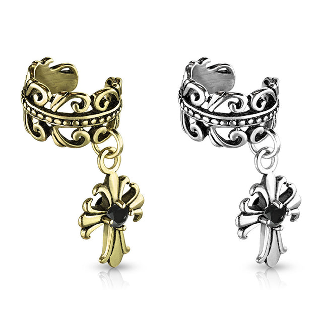 Non Piercing Ear Cuff Celtic Heart with Fleur De Lis Cross