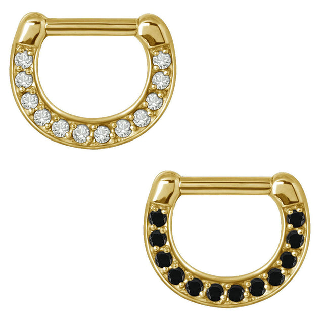 Gold PVD Jewelled Septum Clicker - Clear Crystal or Black Gems
