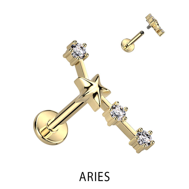 Zodiac Constellation Labret Stud Gold Plated With Clear Crystal