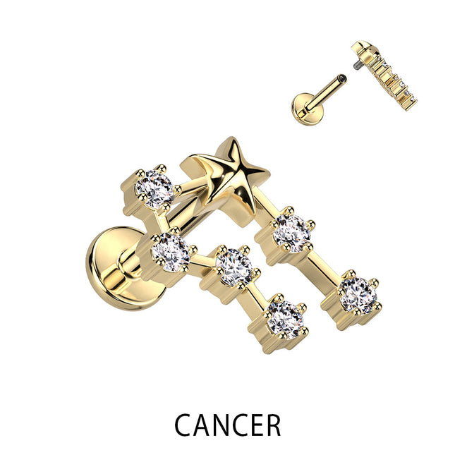 Zodiac Constellation Labret Stud Gold Plated With Clear Crystal