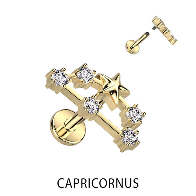 Zodiac Constellation Labret Stud Gold Plated With Clear Crystal
