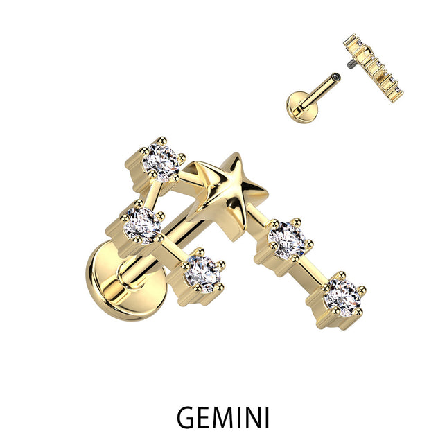 Zodiac Constellation Labret Stud Gold Plated With Clear Crystal