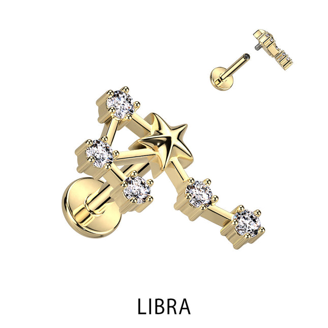 Zodiac Constellation Labret Stud Gold Plated With Clear Crystal