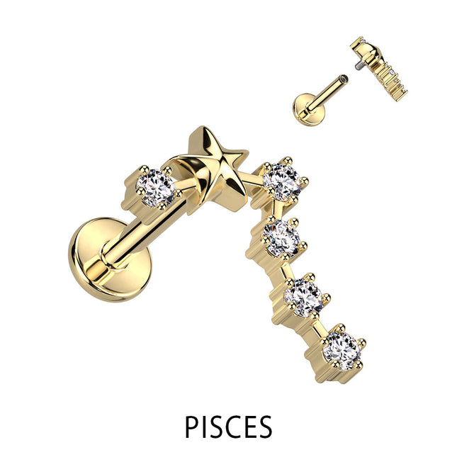 Zodiac Constellation Labret Stud Gold Plated With Clear Crystal