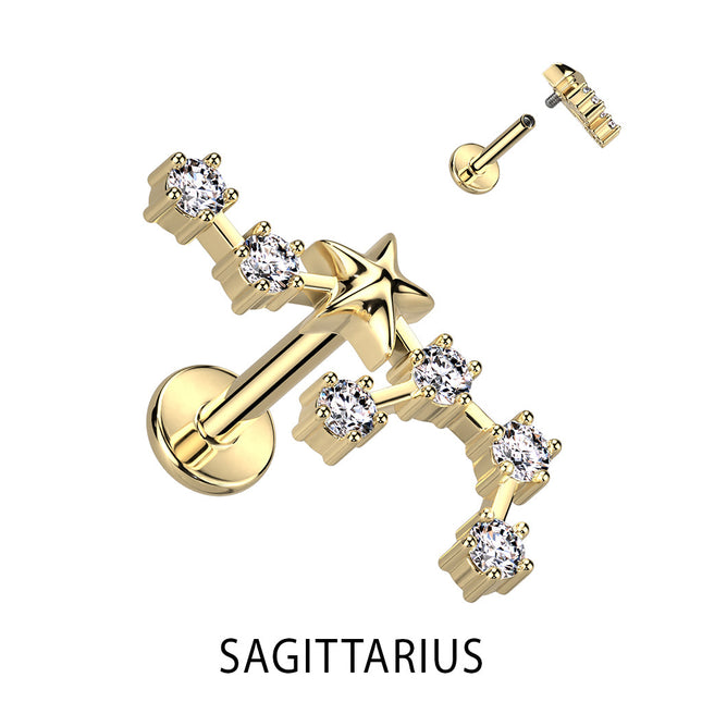 Zodiac Constellation Labret Stud Gold Plated With Clear Crystal