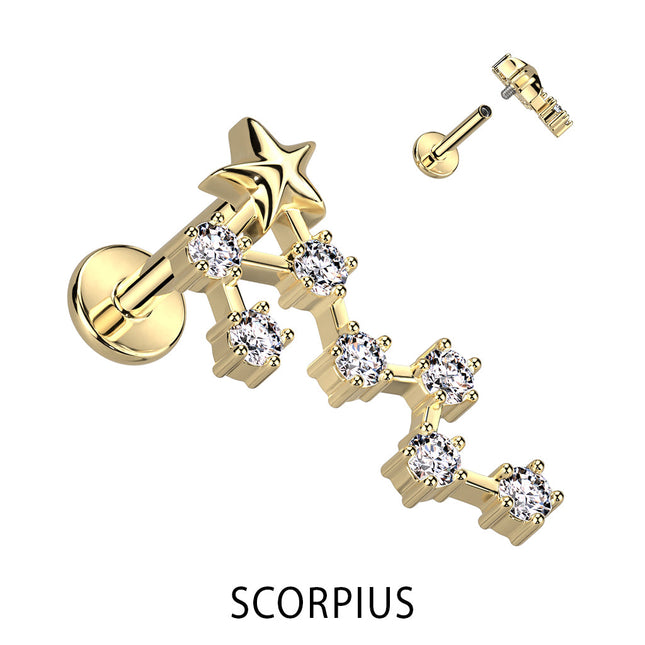 Zodiac Constellation Labret Stud Gold Plated With Clear Crystal