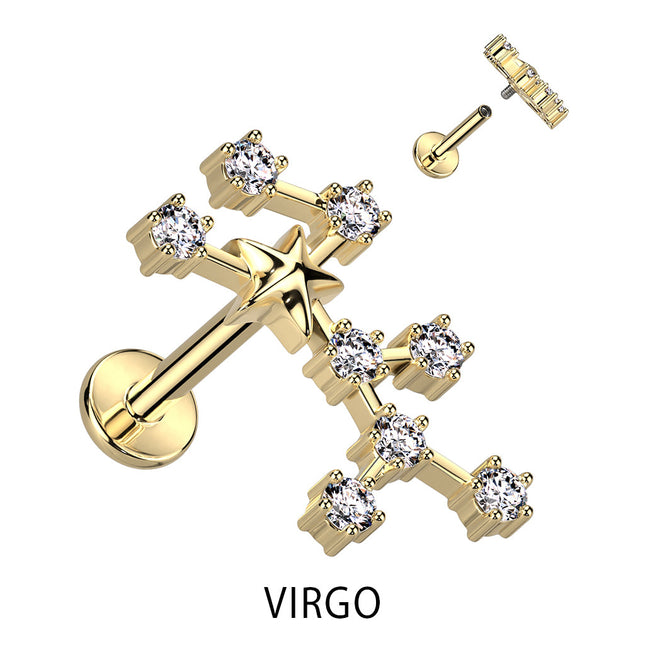 Zodiac Constellation Labret Stud Gold Plated With Clear Crystal