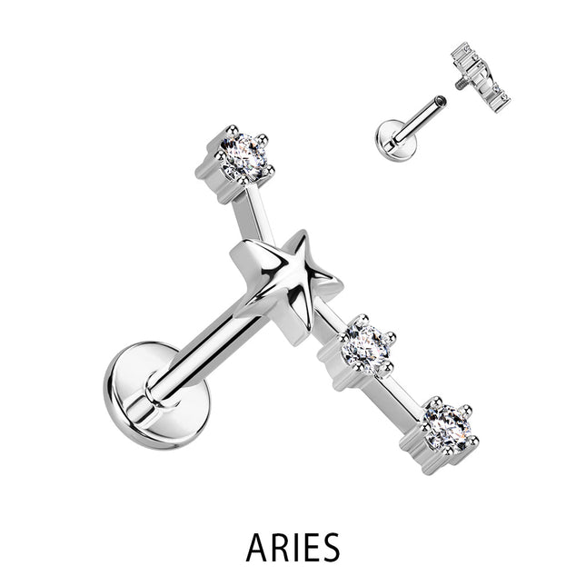 Zodiac Constellation Labret Stud Stainless Steel With Clear Crystal