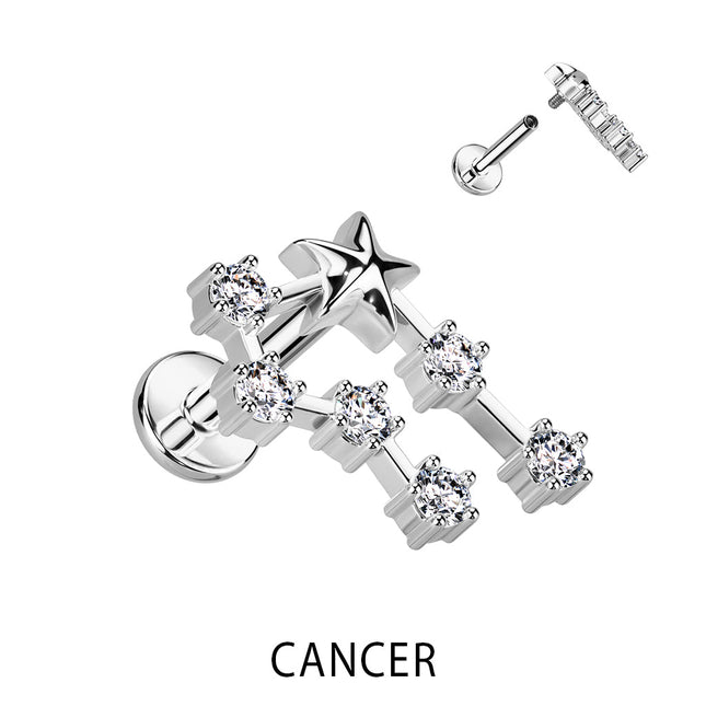 Zodiac Constellation Labret Stud Stainless Steel With Clear Crystal