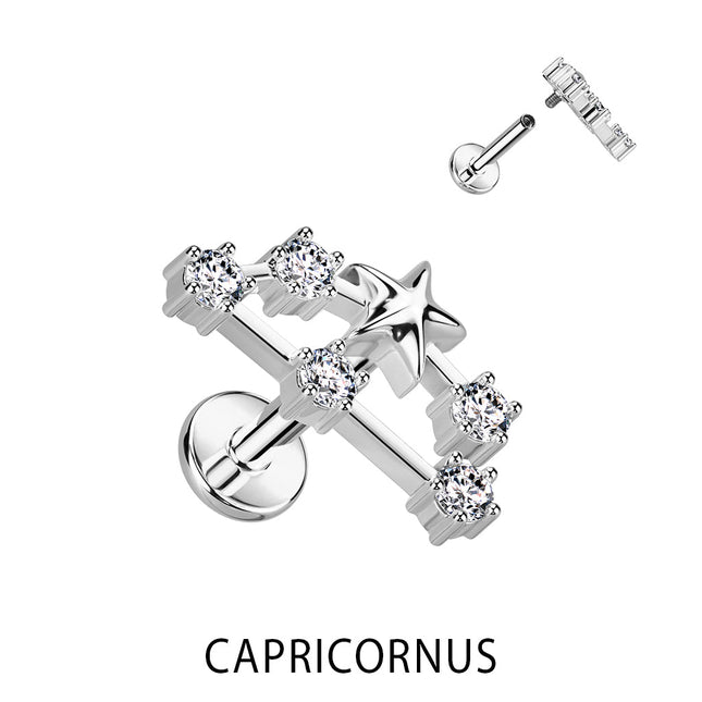 Zodiac Constellation Labret Stud Stainless Steel With Clear Crystal