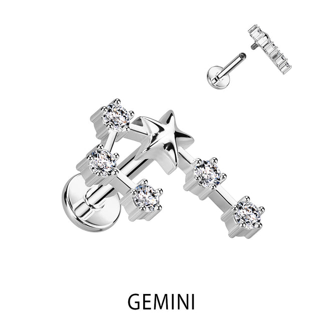 Zodiac Constellation Labret Stud Stainless Steel With Clear Crystal