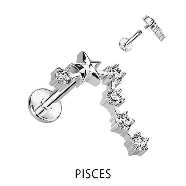 Zodiac Constellation Labret Stud Stainless Steel With Clear Crystal