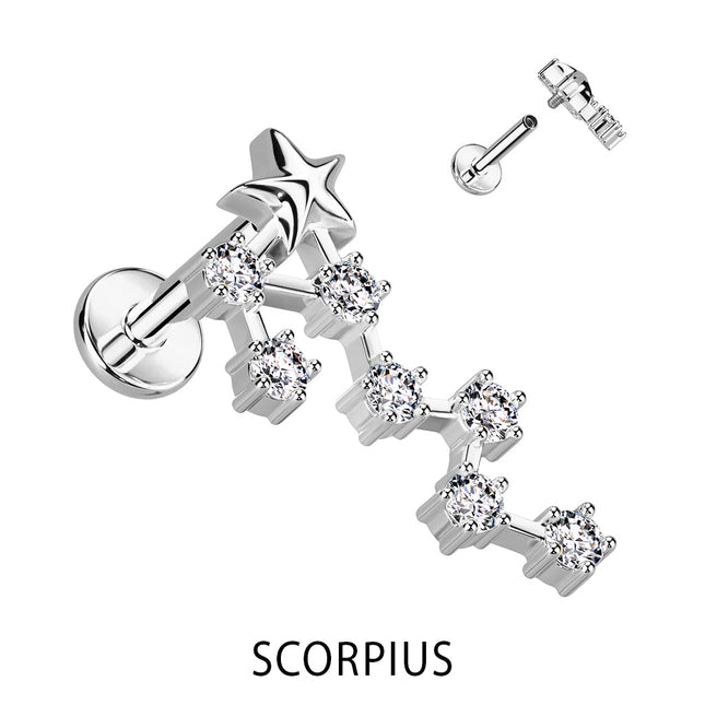 Zodiac Constellation Labret Stud Stainless Steel With Clear Crystal