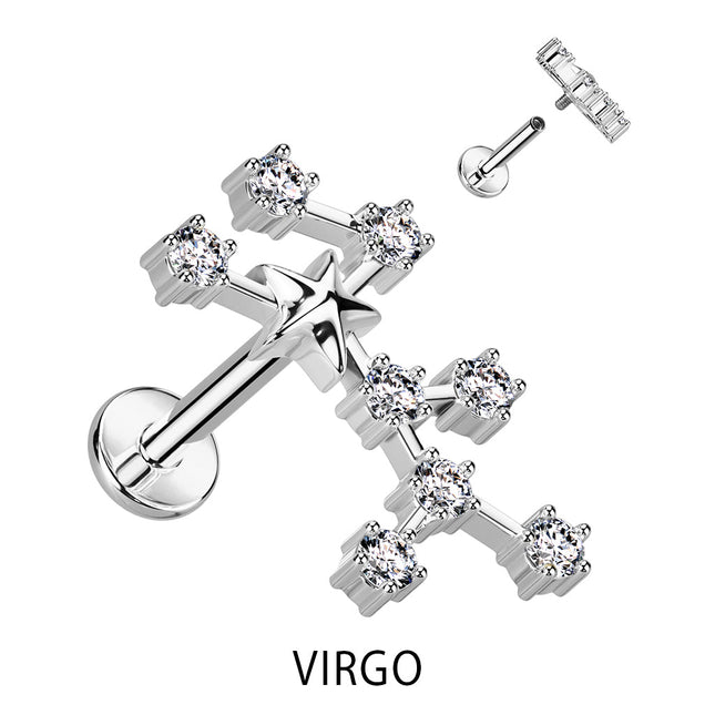 Zodiac Constellation Labret Stud Stainless Steel With Clear Crystal