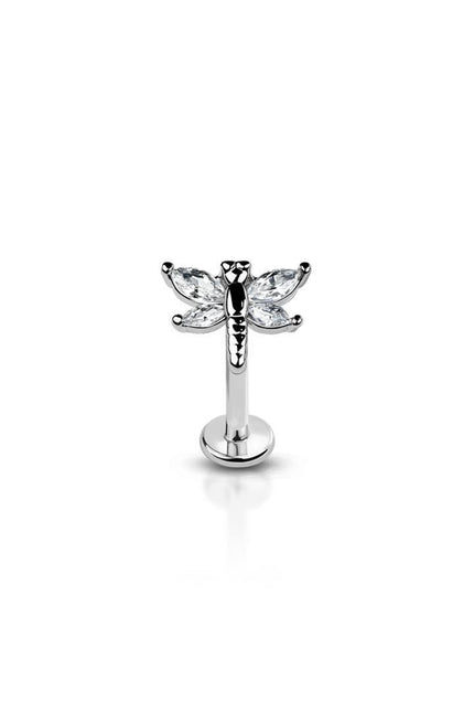 Brass plated CZ or Silver prong dragonfly (alloy) internally threaded 316l surgical steel labret/monroe with prong set CZ