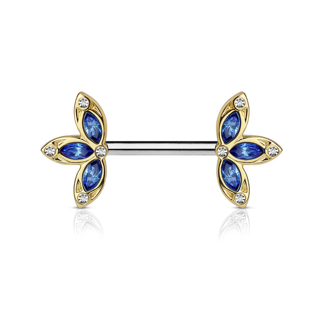 Nipple Barbells With Crystal 3 Petal Flower Ends Blue / Clear, Clear Silver, Pink / Clear Silver & Red / Clear Gold