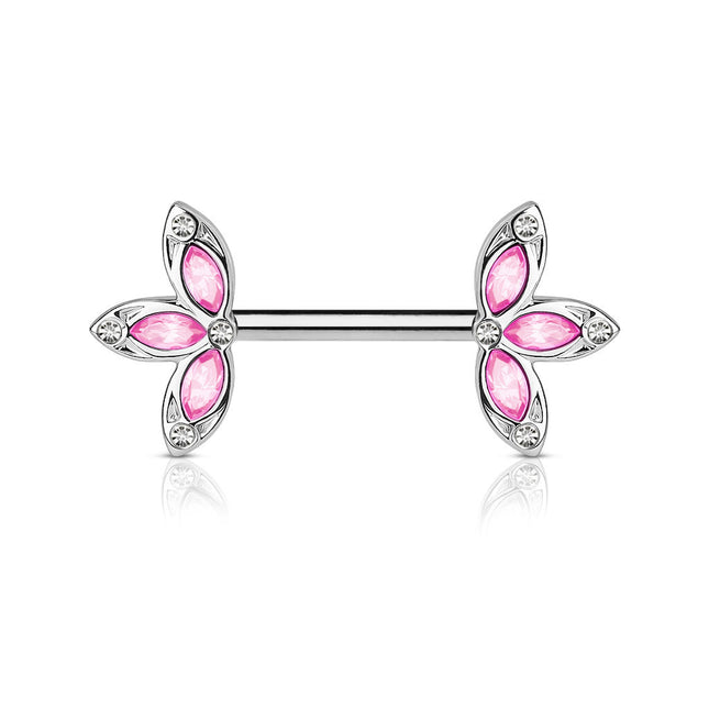 Nipple Barbells With Crystal 3 Petal Flower Ends Blue / Clear, Clear Silver, Pink / Clear Silver & Red / Clear Gold