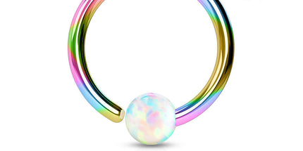 Surgical Stainless Steel Rainbow Plated Opal Ball Fixed Rings