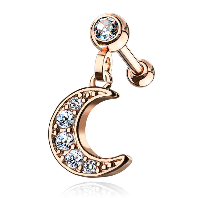 Clear Gem Paved Moon Barbell Stud Gold PVD