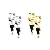 Pair Stainless Steel Hinged Hoop Earrings With Black Enamel Filled Triangle Dangle - Gold PVD