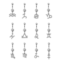 Gold plated gem paved zodiac sign 316l surgical steel dangle navel ring