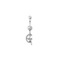 Gold plated gem paved angle on crescent moon dangle 316l surgical steel navel ring