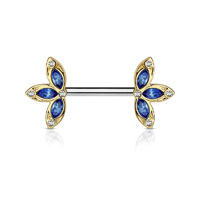 Nipple Barbells With Crystal 3 Petal Flower Ends - Blue / Clear