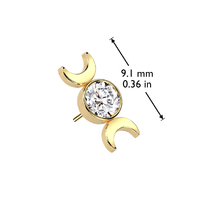 Implant Grade Titanium Threaded Push In Round Bezel Set Top With Double Crescent Moon - Gold / Clear Gem