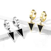 Pair Stainless Steel Hinged Hoop Earrings With Black Enamel Filled Triangle Dangle - Gold PVD