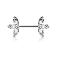 Nipple Barbells With Crystal 3 Petal Flower Ends - Blue / Clear