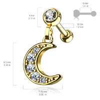 Clear Gem Paved Moon Barbell Stud - Gold PVD