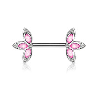 Nipple Barbells With Crystal 3 Petal Flower Ends - Red / Clear