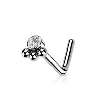 3 Beaded Ball Cluster with Clear Gem Center Surgical Steel Dog Leg Nose Stud - Black