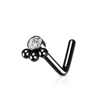 3 Beaded Ball Cluster with Clear Gem Center Surgical Steel Dog Leg Nose Stud - Black