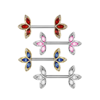 Nipple Barbells With Crystal 3 Petal Flower Ends - Red / Clear