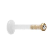 18ct Gold Bioplast Cup Set Labret Studs : 1.2mm (16ga) x 6mm x 2mm Disc x Clear Crystal