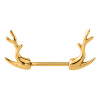 Bright Gold Deer Horn Nipple Barbell : 1.6mm (14ga) x 16mm