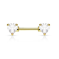 Gold PVD Clear Jewelled Heart Nipple Bar. Thickness 1.6mm, Length 12mm