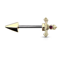 Steel Jewelled Dagger Nipple Barbell : 1.6mm (14ga) x 14mm x Bright Gold