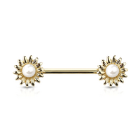 Pearl Sunflower Gold Plated Decorative Fashion Nipple Barbell : 1.6mm (14ga) x 14mm