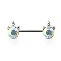 Unicorn Rainbow Silver Plated Decorative Fashion Nipple Barbell : 1.6mm (14ga) x 14mm AB