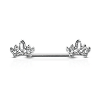 Jewelled Crown Silver Plated Decorative Fashion Nipple Barbell : 1.6mm (14ga) x 14mm CZ