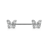 Micro Jewelled Butterfly Silver Plated Decorative Fashion Nipple Barbell : 1.6mm (14ga) x 14mm CZ