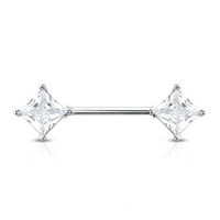 Clear Prong Set Rhombus Jewelled Silver Plated Decorative Fashion Nipple Barbell : 1.6mm (14ga) x 14mm CZ