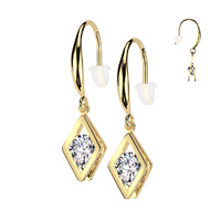 Pair Hollow Diamond Dangle With Round Clear Gem Hook Earrings - Gold PVD