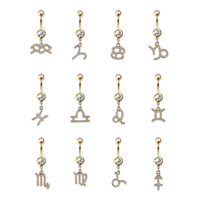 Gold plated gem paved zodiac sign 316l surgical steel dangle navel ring