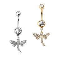 Gem paved dragonfly dangle 316l surgical steel navel ring