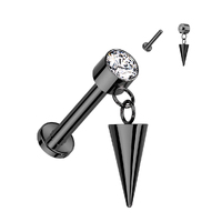 Titanium Internally Threaded Labret With Round Bezel Set Clear Gem and Cone Dangle Top - Black